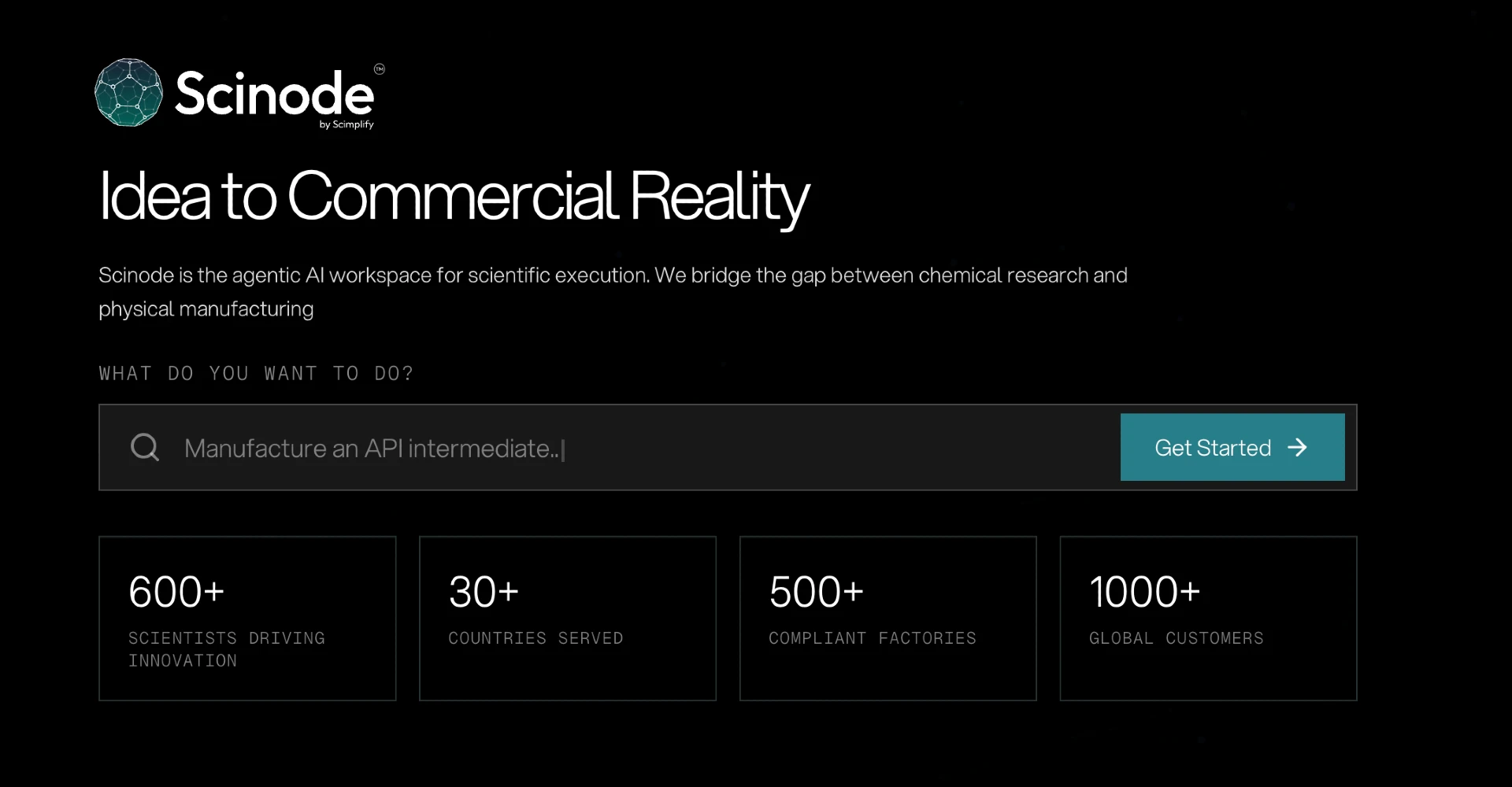 Scimplify Scinode scientific execution interface; company-supplied screenshot, not independent proof of performance