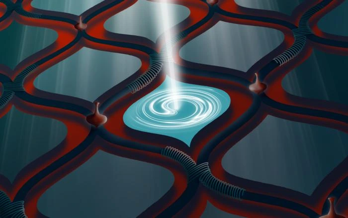 Artist illustration of a loop and repeating lattice, with spinning tops symbolising qubits and springs symbolising quantum oscillators