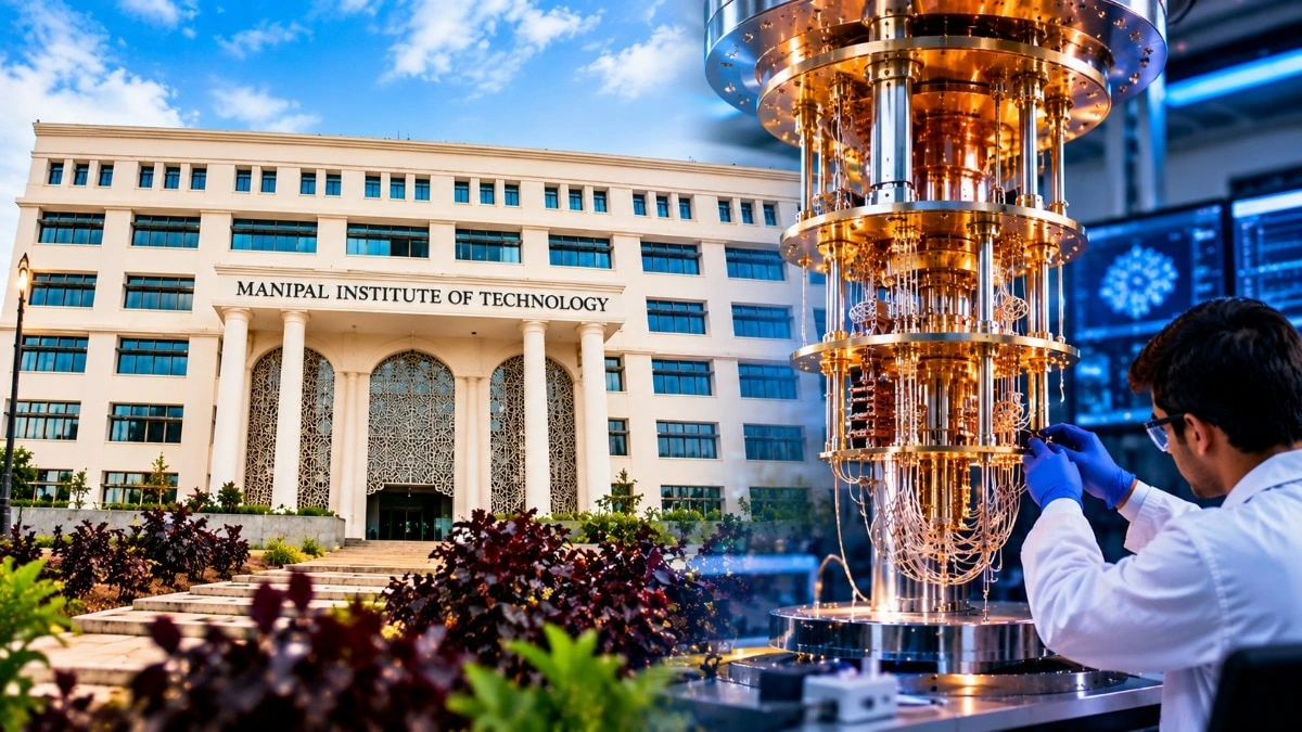Business Today composite of a Manipal campus and quantum hardware, not verified as a photograph of the newly installed Bengaluru system