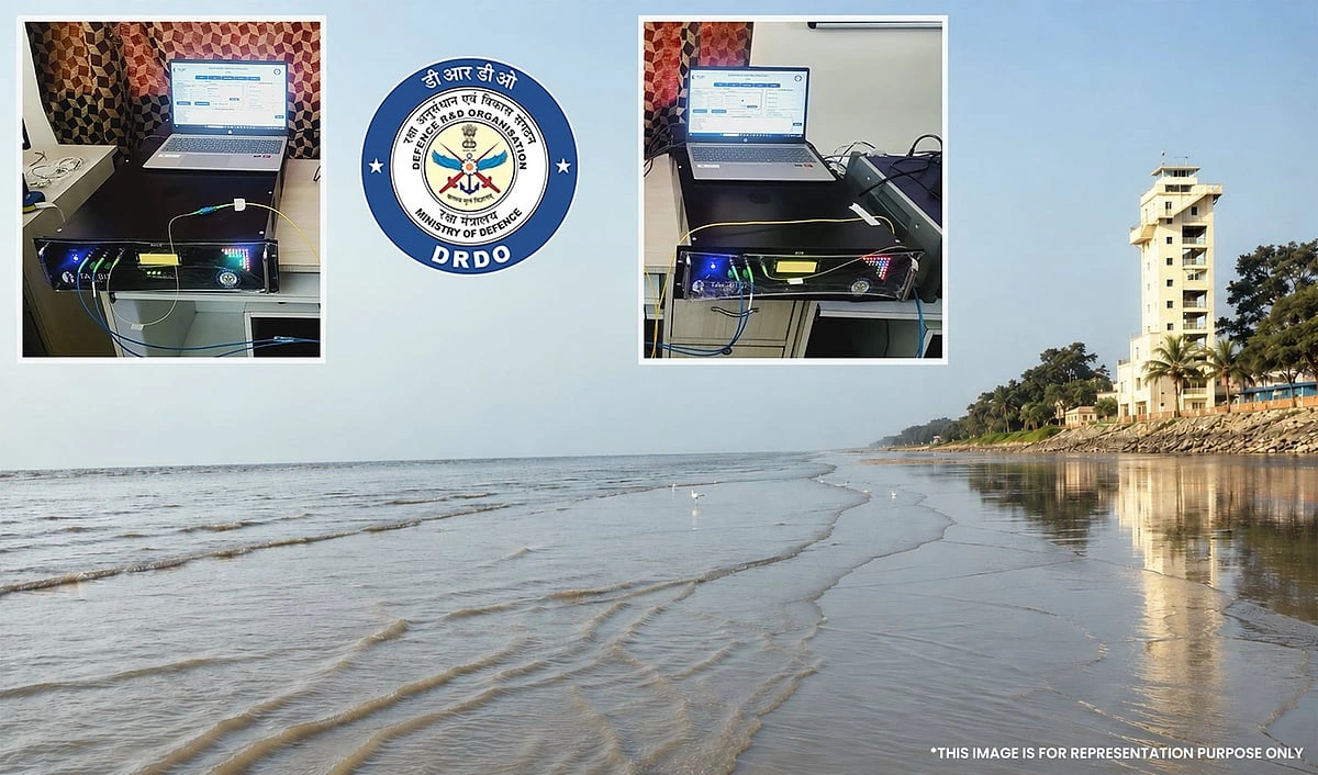 Source composite showing QKD equipment, DRDO emblem and Chandipur shoreline, marked as a representation rather than a full-network deployment photograph