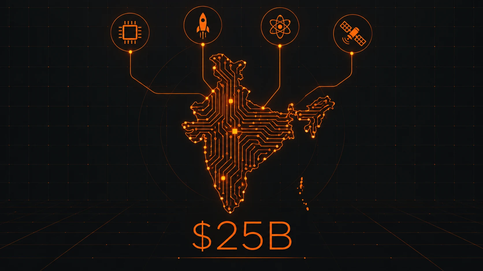 Editorial illustration for DeepTechTracker's story on India's planned $25 billion deep-tech investment push.